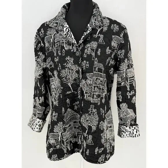 Chicos Pagoda Asian Black White Reversible Embroidered Jacket 4 XXL/20 - Picture 2 of 12
